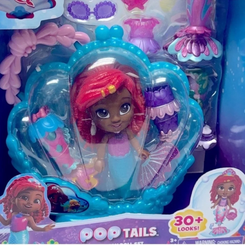 New Disney Junior ARIEL Pop Tails Fashion Doll Playset with Storage Case, 17 Pcs